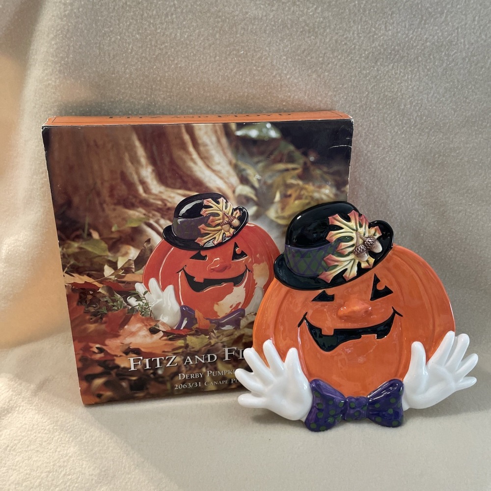 Fitz and Floyd Derby Pumpkin Canape Plate with Original Box Fall Halloween Decor